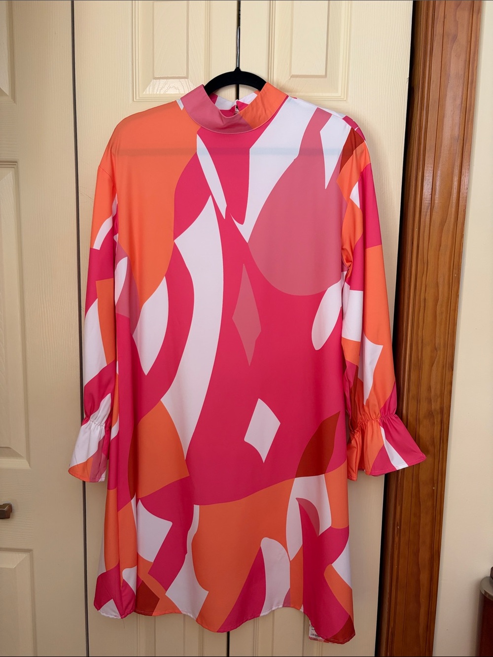 High-Neck Abstract Print Shift Dress in Pink & Orange